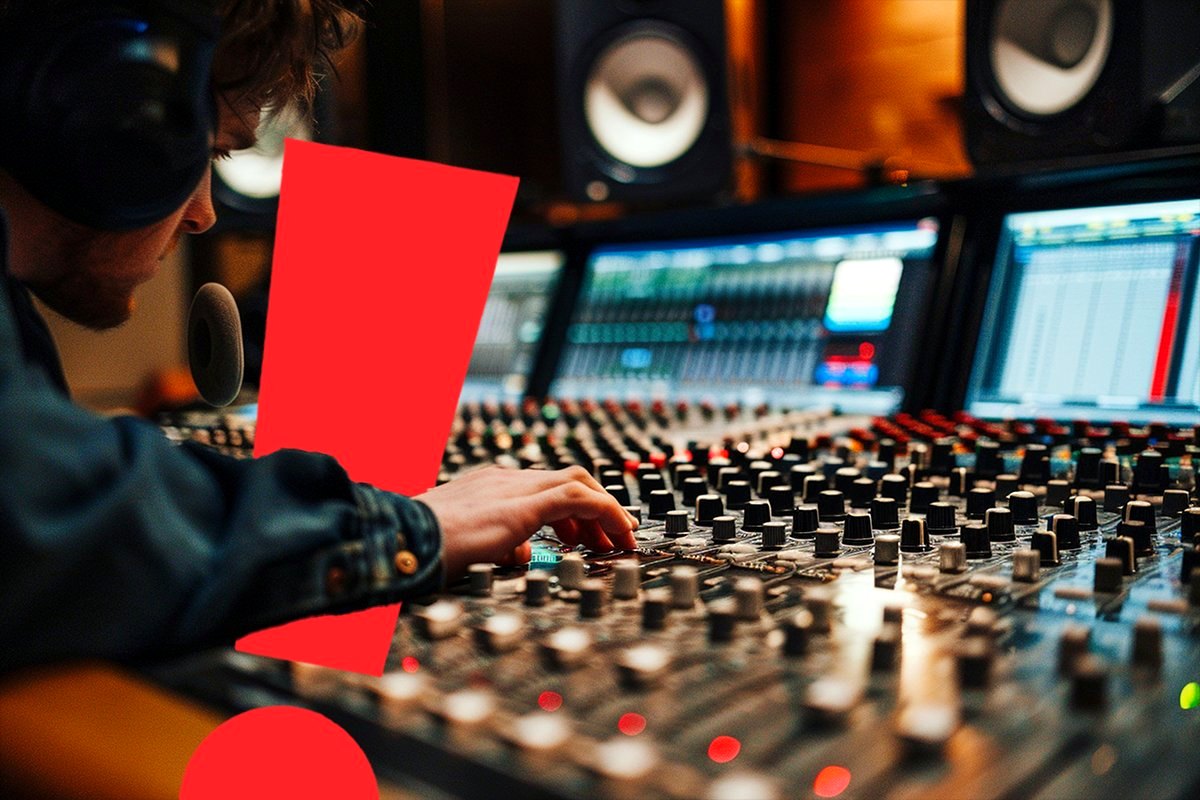Idea Media sound engineer mixing on a professional console with studio monitors, with the brand's red exclamation mark in the frame