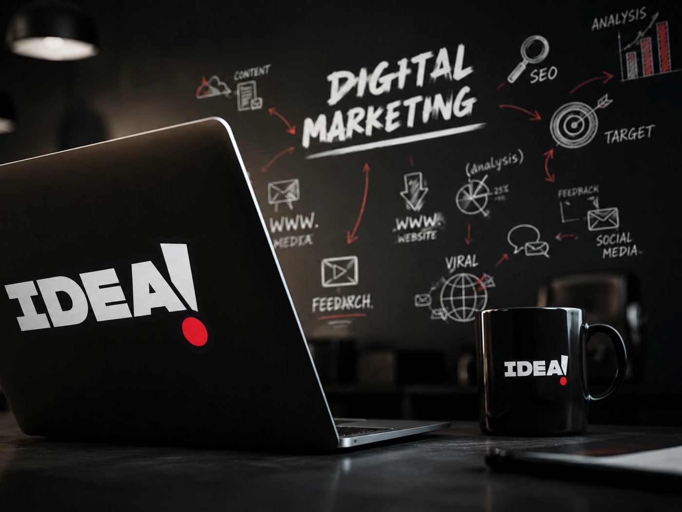 Idea Media laptop and mug branded with the IDEA! logo beside a hand-drawn digital marketing diagram