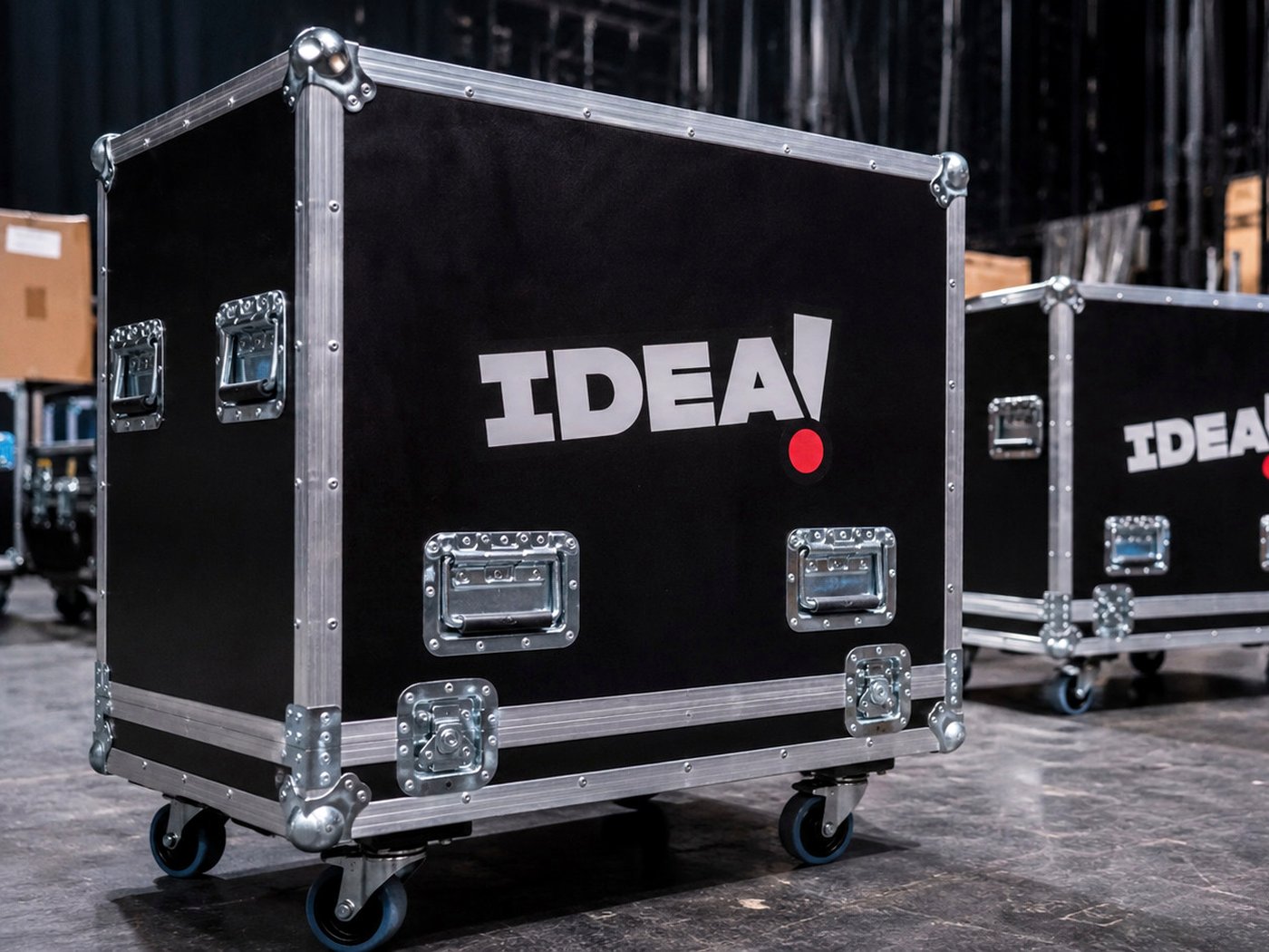 Idea Media branded flight cases with the IDEA! logo, staged backstage and ready to ship